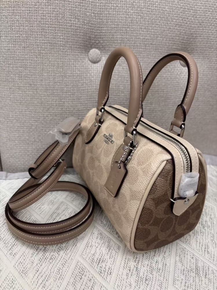 COACH 迷你波士頓包｜Coach 奶茶滿版款｜手提斜背兩用精品包